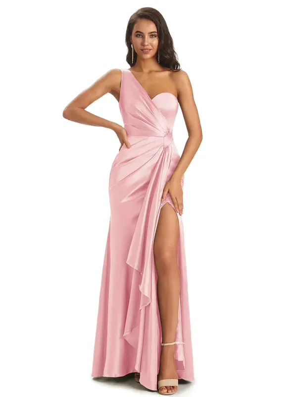 blush satin one shoulder slit mermaid bridesmaid dress blush satin one shoulder slit mermaid bridesmaid dress