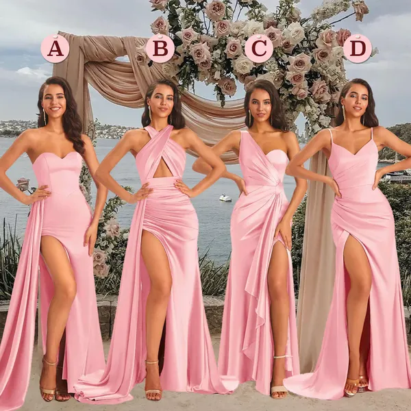 blush satin sexy side slit mismatched bridesmaid dresses blush satin sexy side slit mismatched bridesmaid dresses