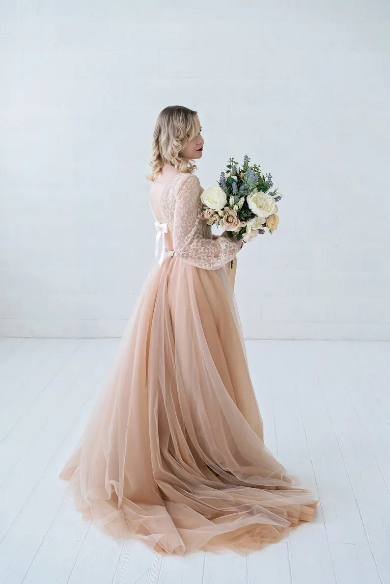 boho champagne long sleeve puffy tulle wedding dress