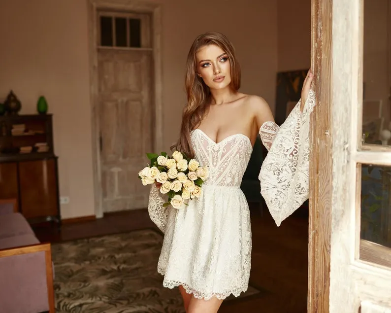 boho lace detachable flare sleeves short bridal dress