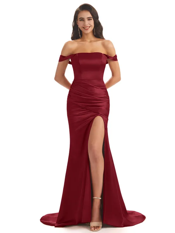 burgundy satin off shoulder high slit bridesmaid dress burgundy satin off shoulder high slit bridesmaid dress