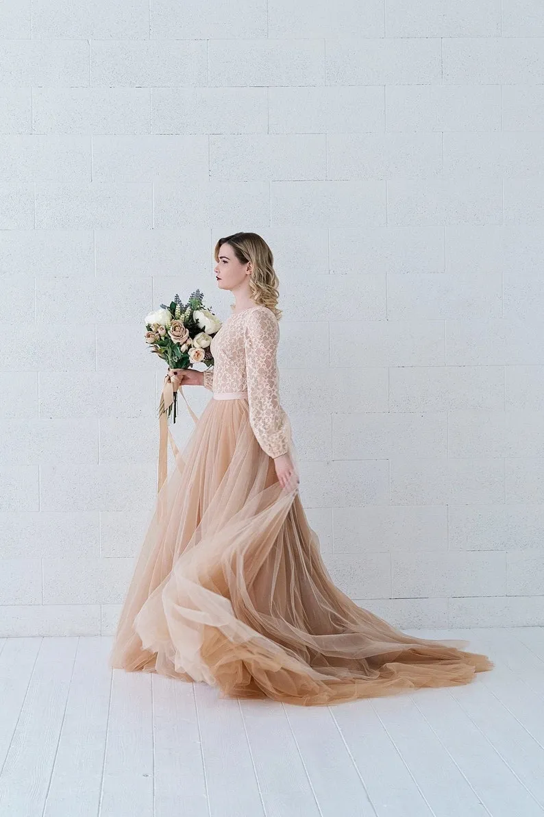champagne lace and tulle long sleeve two piece wedding dress