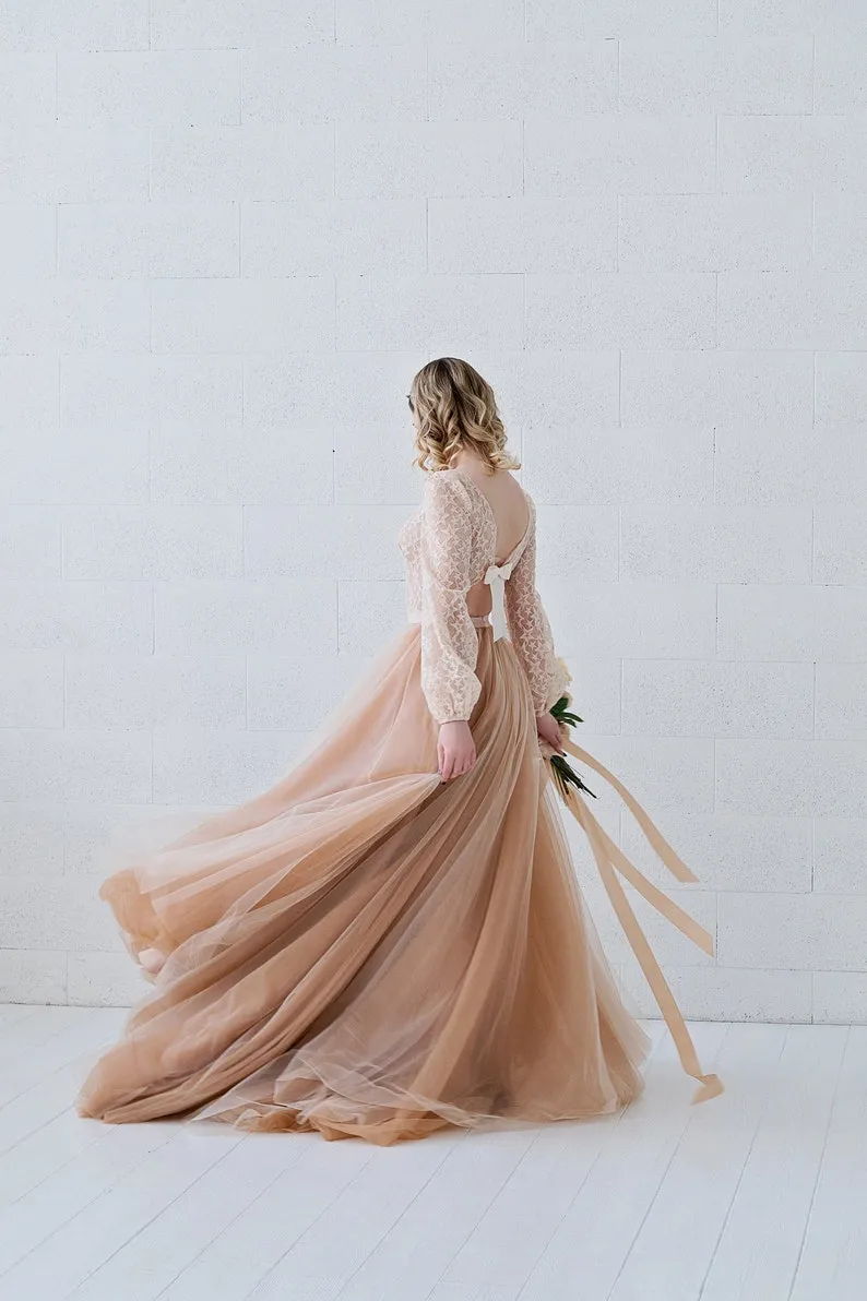 champagne long sleeve puffy tulle skirt two piece wedding dress