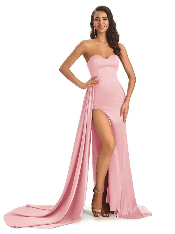 chic blush satin strapless side slit bridesmaid dress with draped train chic blush satin strapless side slit bridesmaid dress with draped train