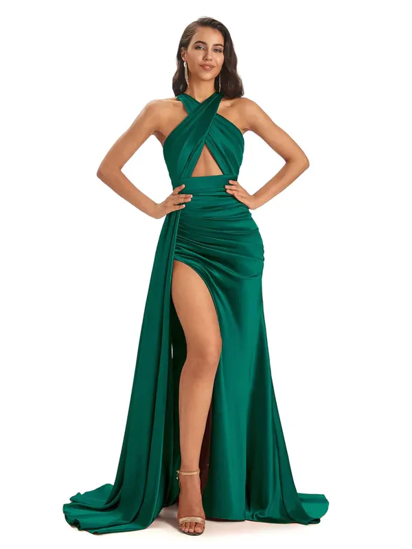 emerald satin halter slit mermaid bridesmaid dress