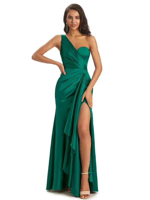 emerald satin one shoulder slit mermaid bridesmaid gown