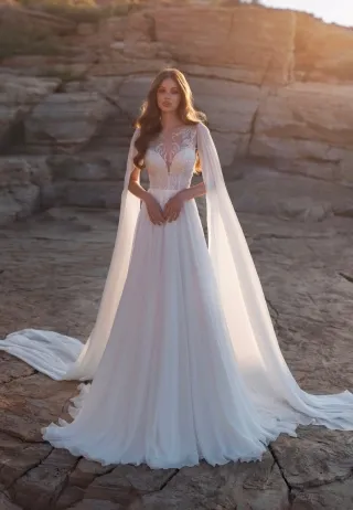 illusion beaded chiffon wedding dress with caped sleeves