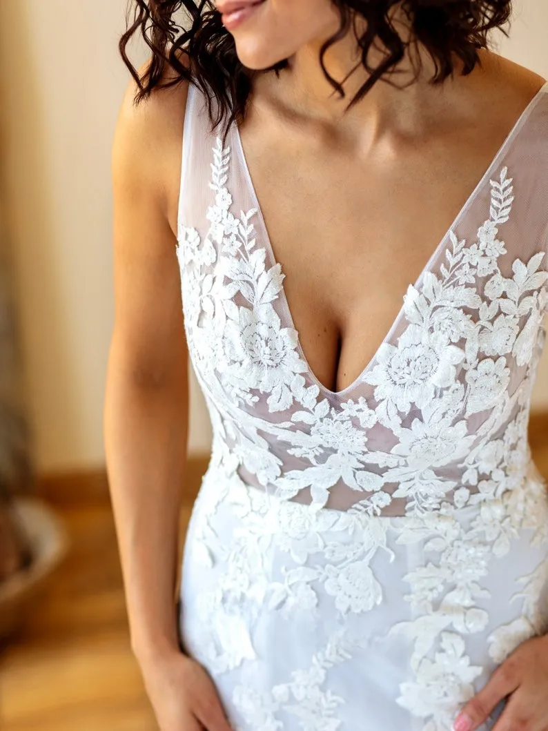 illusion floral lace deep v neck wedding gown