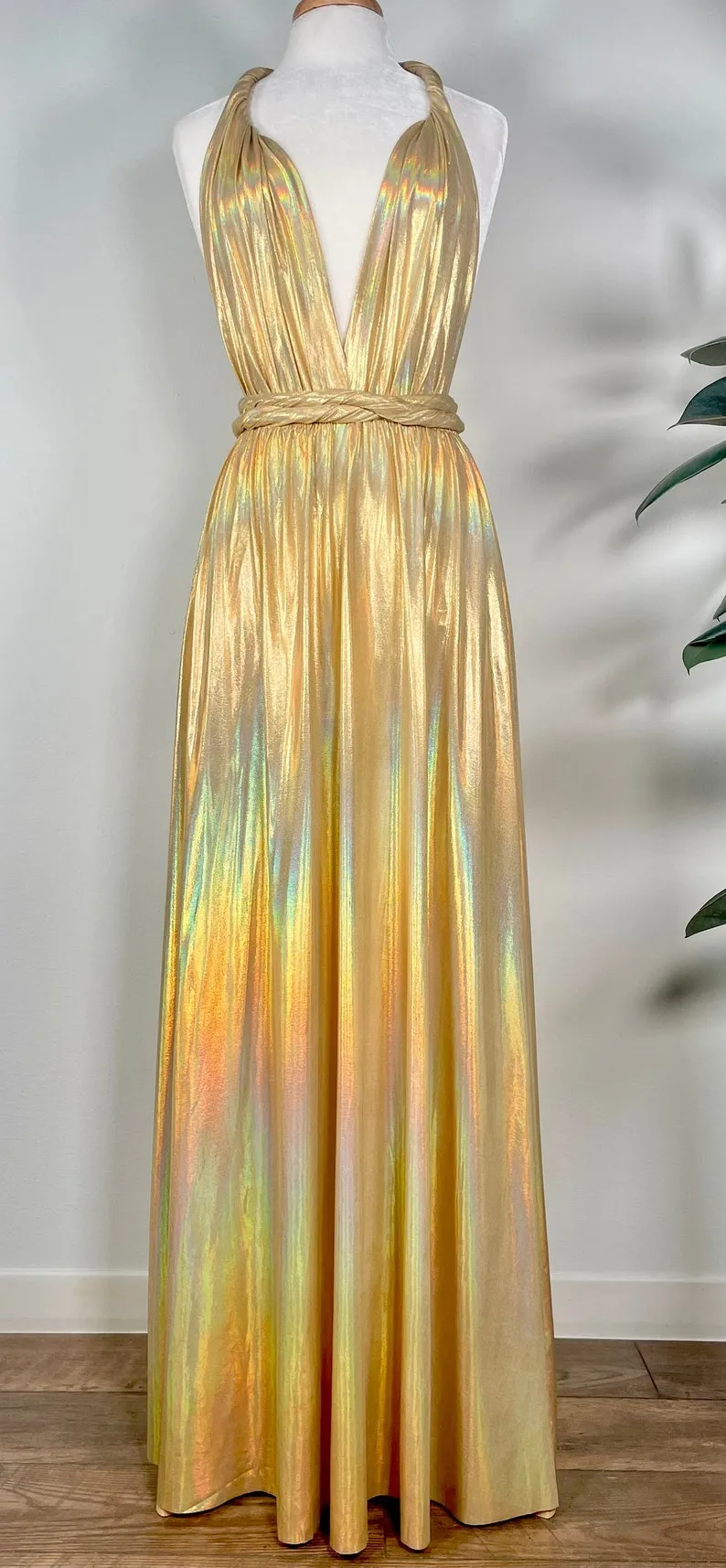 iridescent gold v neck halter bridesmaid dress