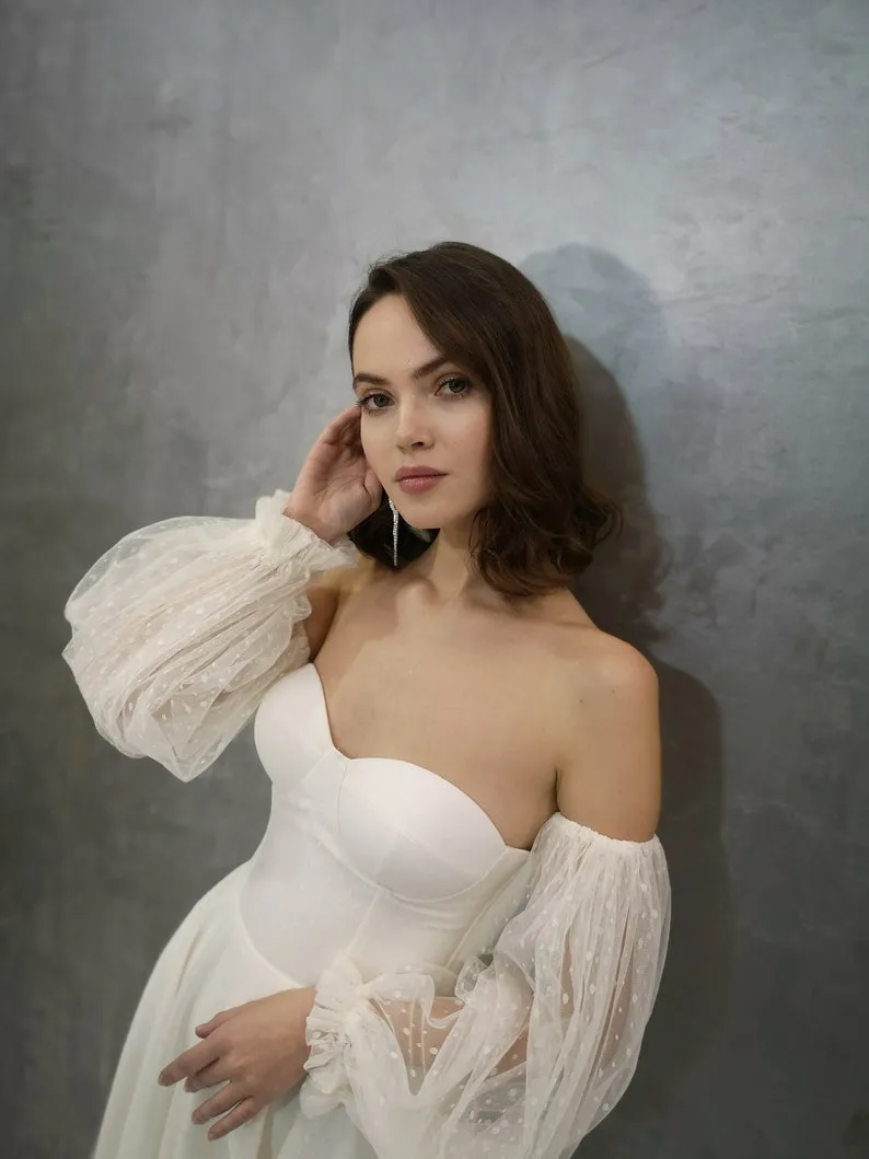 ivory satin reception dress with removable dotted tulle sleeves ivory satin reception dress with removable dotted tulle sleeves