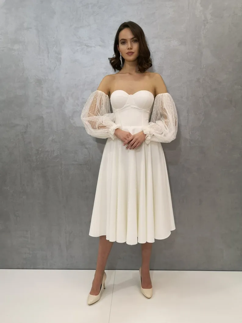 ivory satin short reception dress with optional dotted tulle sleeves ivory satin short reception dress with optional dotted tulle sleeves