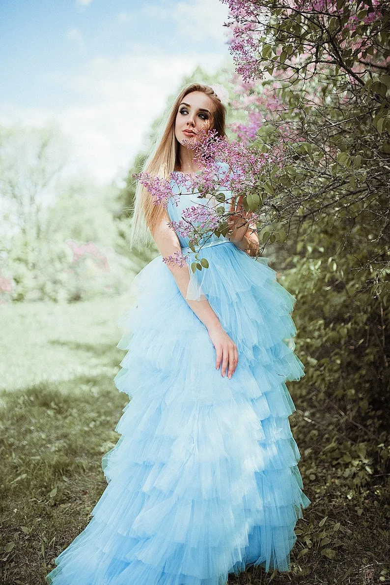 light blue tulle v neck tiered engagementdress