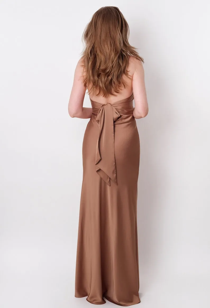 mocha satin low back bow tie bridesmaid dress mocha satin low back bow tie bridesmaid dress