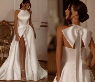 modern high slit back bow satin halter wedding dress