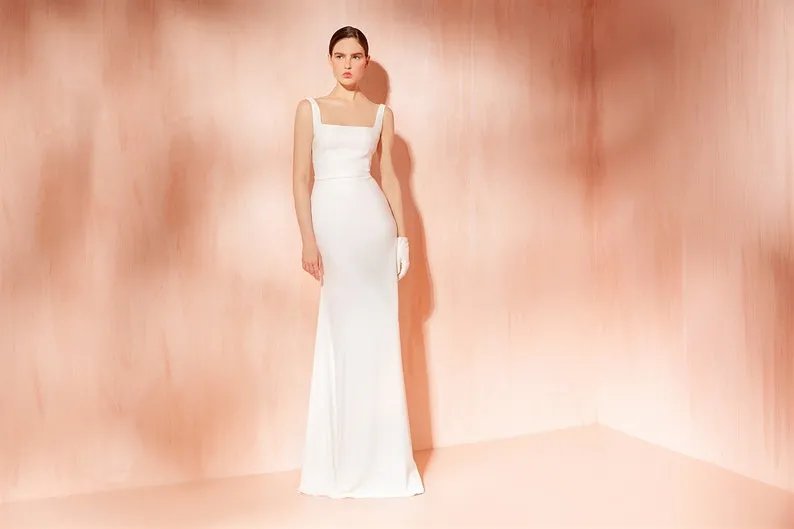 modern ivory satin column long bridal reception dress