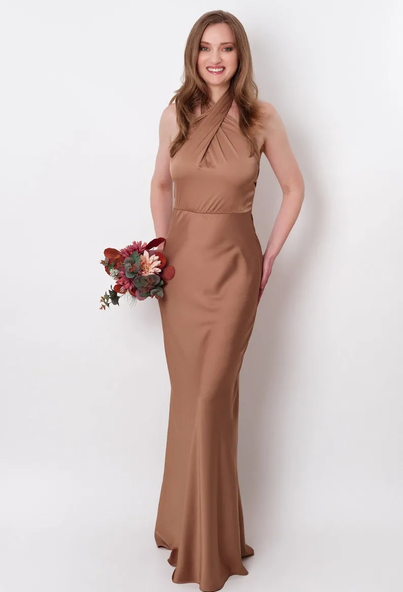 modern mocha satin halter mermaid wedding guest dress modern mocha satin halter mermaid wedding guest dress