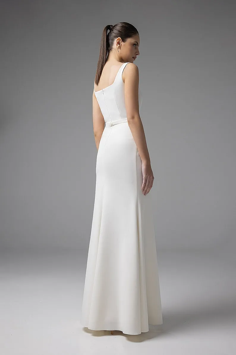 modern satin column long bridal dress with wide straps