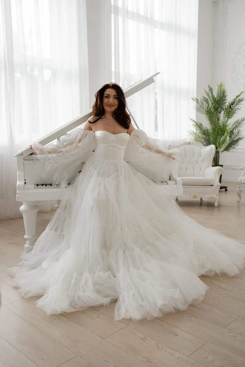 modern sheer puffy sleeves tiered ivory tulle wedding dress
