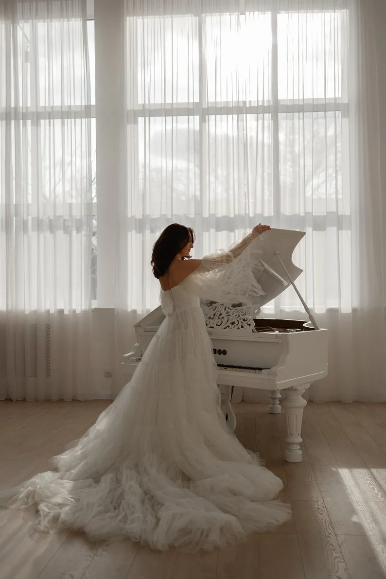 modern sheer sleeves ivory tulle tiered wedding dress