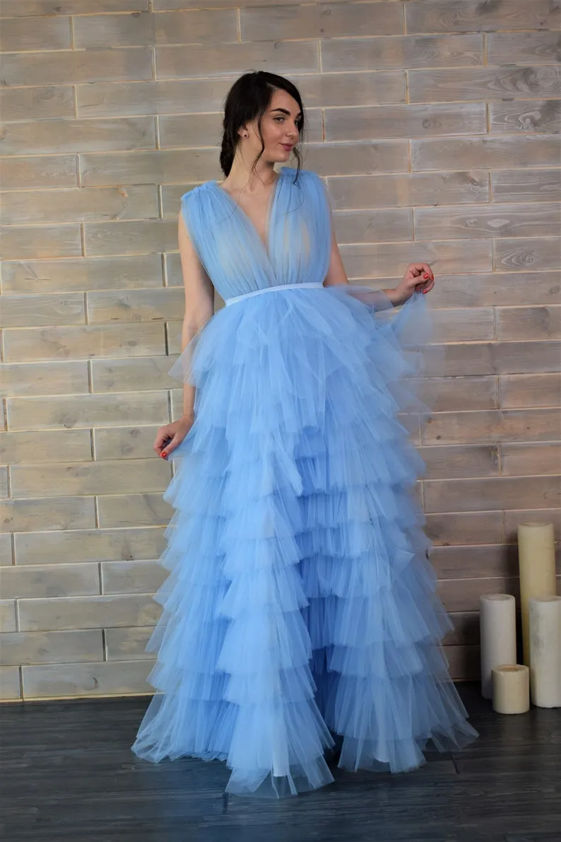 modern sky blue tulle v neck tiered evening dress