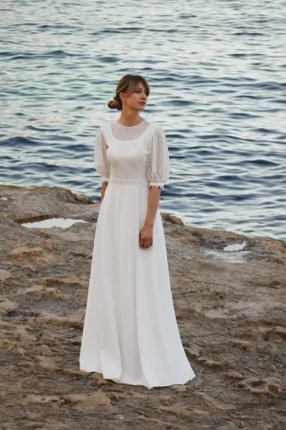 modest bateau neck half puff sleeve beach wedding dress