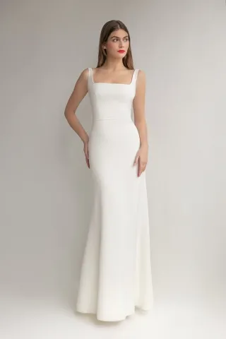 modest ivory satin square neck sheath wedding dress