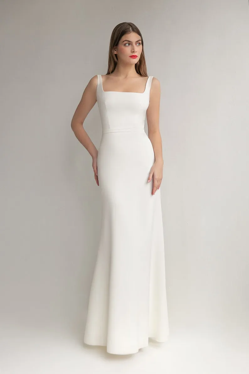modest ivory satin square neck sheath wedding dress