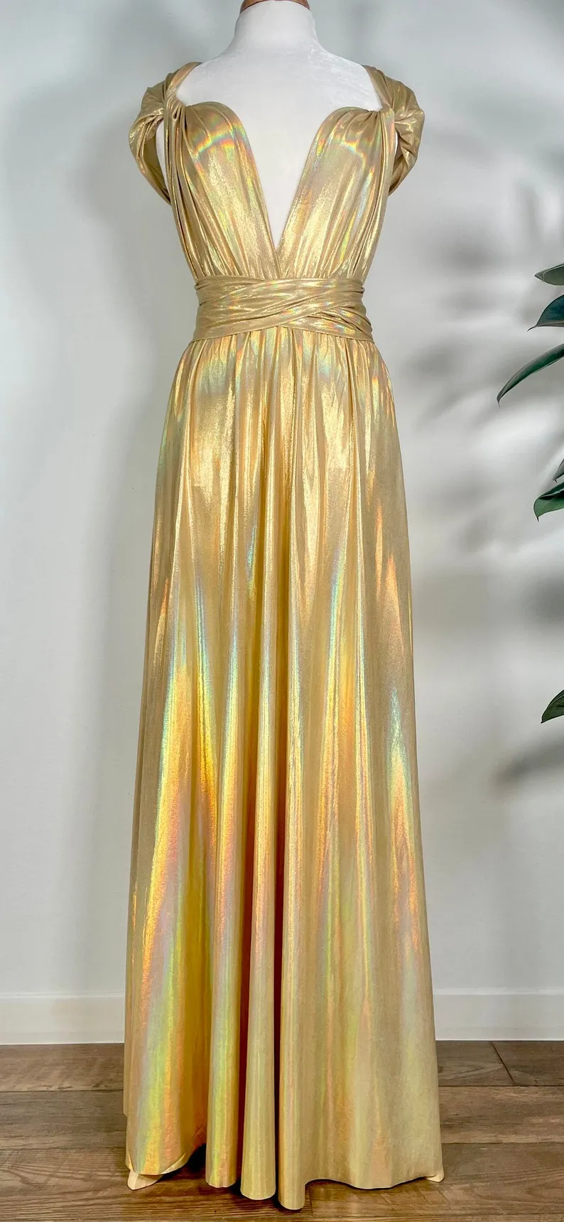 multiway gold v neck cap sleeve bridesmaid dress