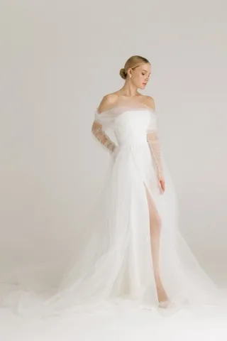 off shoulder ivory tulle slit 2 in 1 civil wedding dress