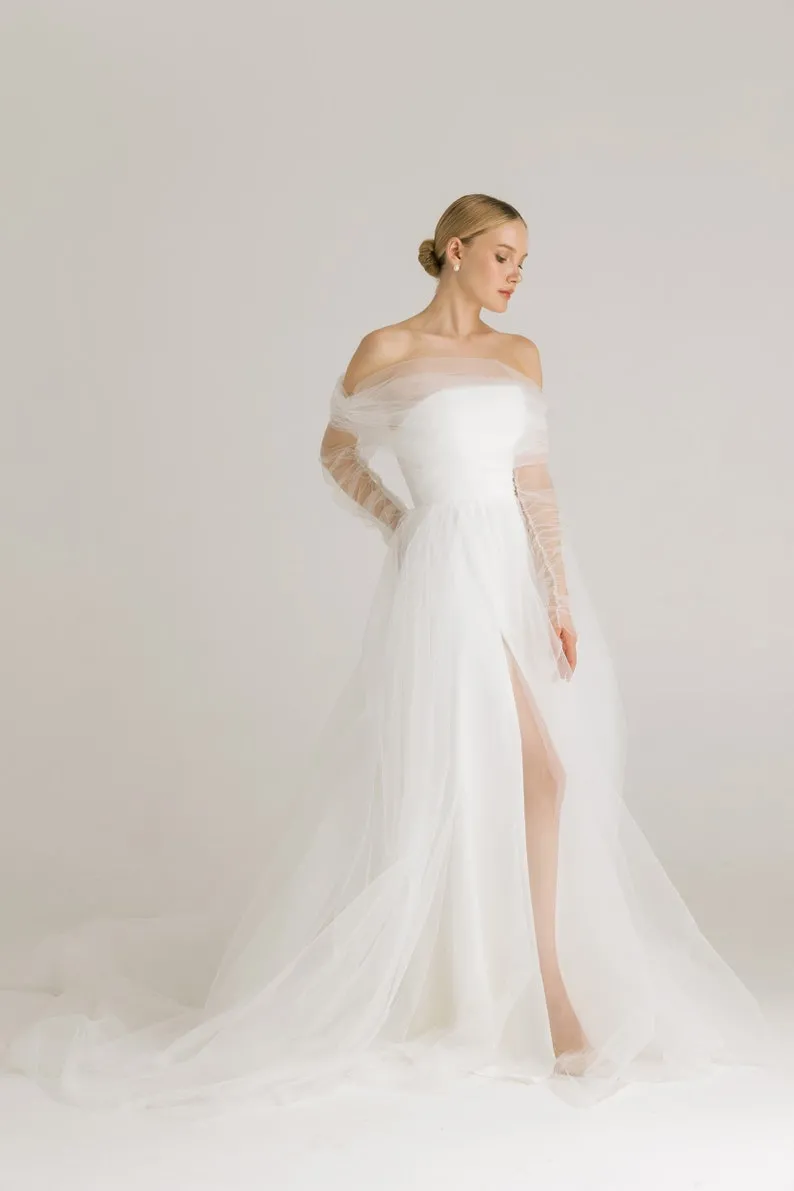 off shoulder ivory tulle slit 2 in 1 civil wedding dress off shoulder ivory tulle slit 2 in 1 civil wedding dress