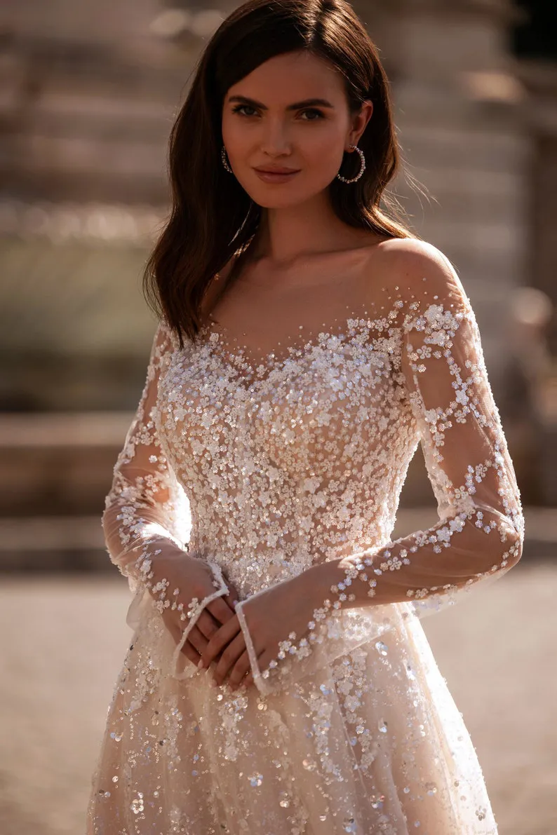 off shoulder longn sleeve sequin mesh wedding dress