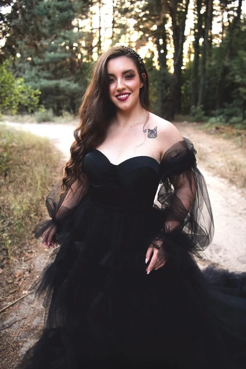 off shoulder puffy sheer sleeve black tulle Gothic wedding gown off shoulder puffy sheer sleeve black tulle Gothic wedding gown