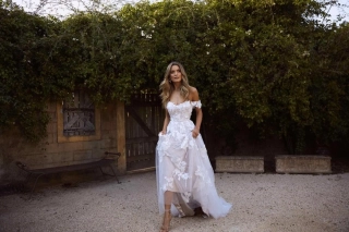 off the shoulder lace and tulle designer wedding dress