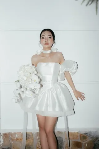 playful strapless puff sleeve short satin bridal dress