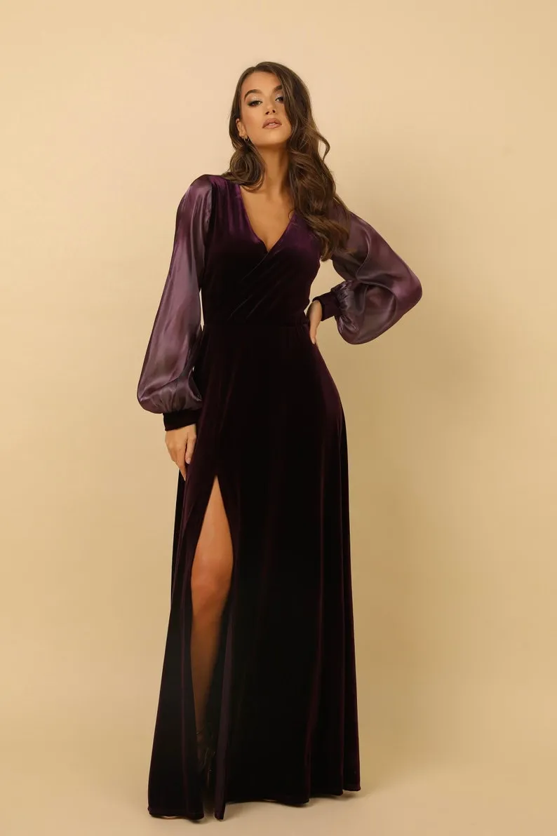 plum velvet v neck organza bishop sleeve bridesmaid dress