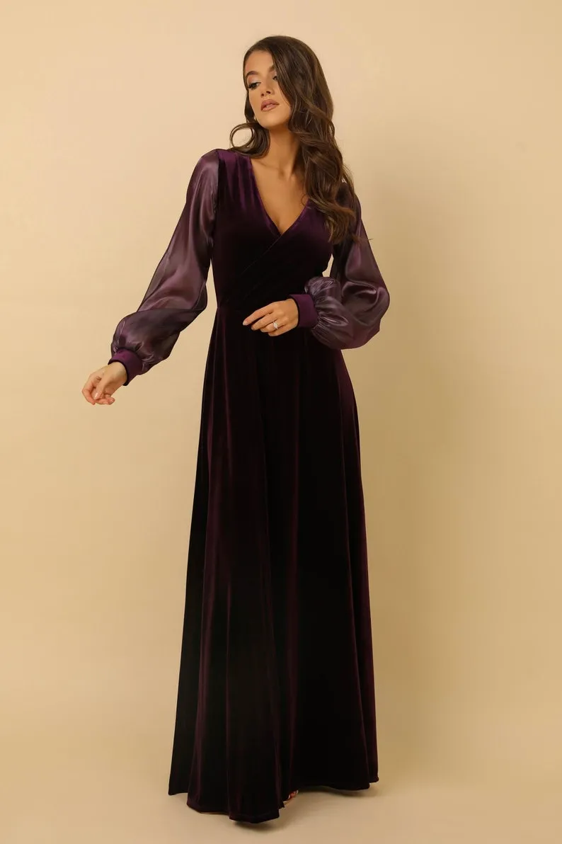 plum velvet v neck organza bishop sleeve wedding guest