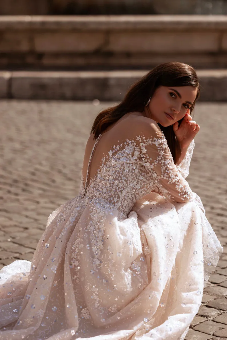 romantic floral sequin bridal gown
