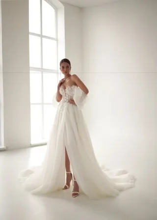 romantic off shoulder floral corset slit wedding dress