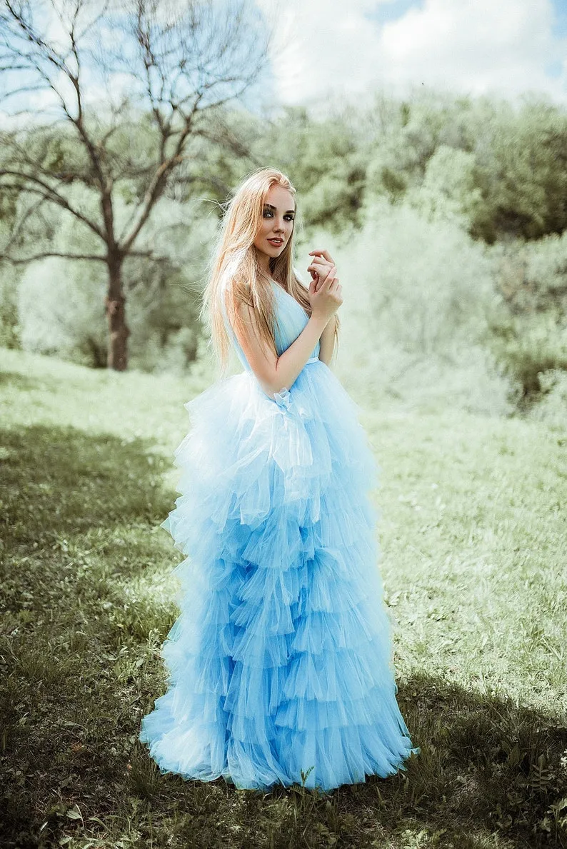 romantic sky blue tulle v neck layered photoshoot dress