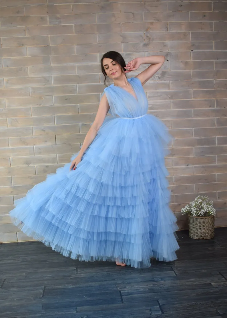 romantic sky blue tulle v neck tiered puffy prom dress