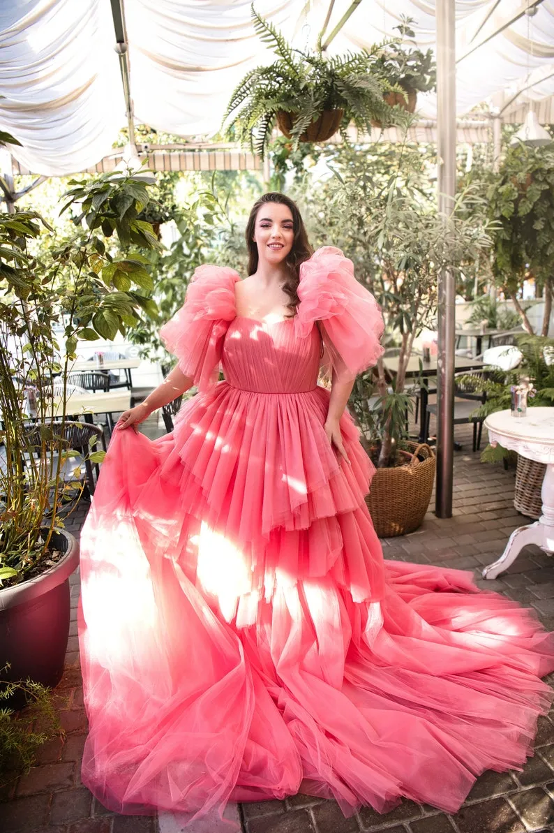 ruffled tiered watermelon tulle dress