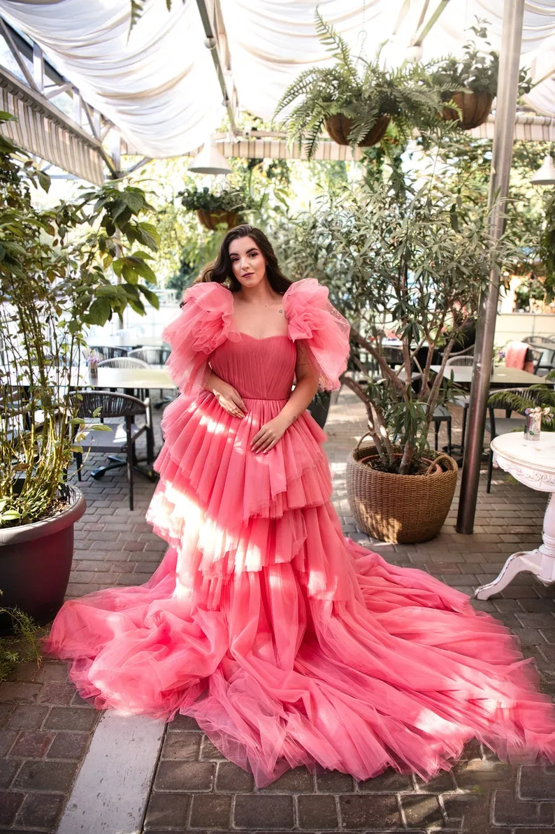 ruffled tiered watermelon tulle photoshoot dress