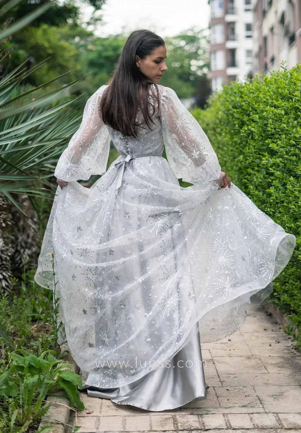 silver gray star and moon glitter gown