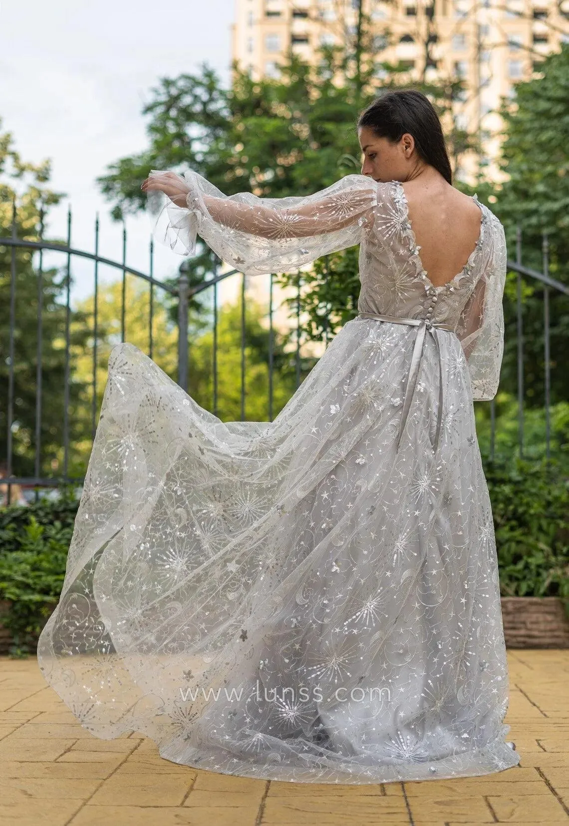 silver star and moon glitter mesh layered prom gown