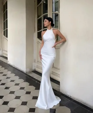 simple satin halter sleeveless mermaid wedding dress