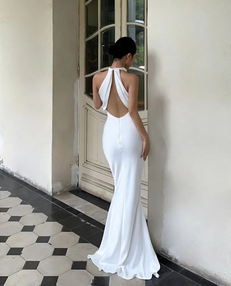 simple satin open back mermaid floor length wedding dress