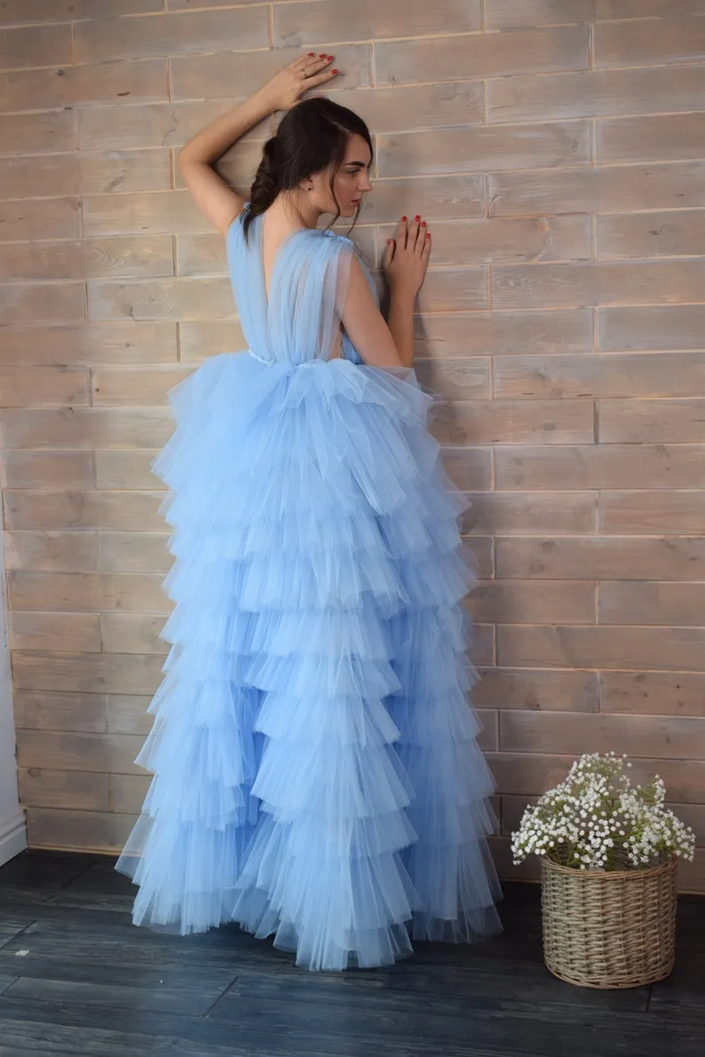 sky blue tulle v neck tiered puffy prom dress