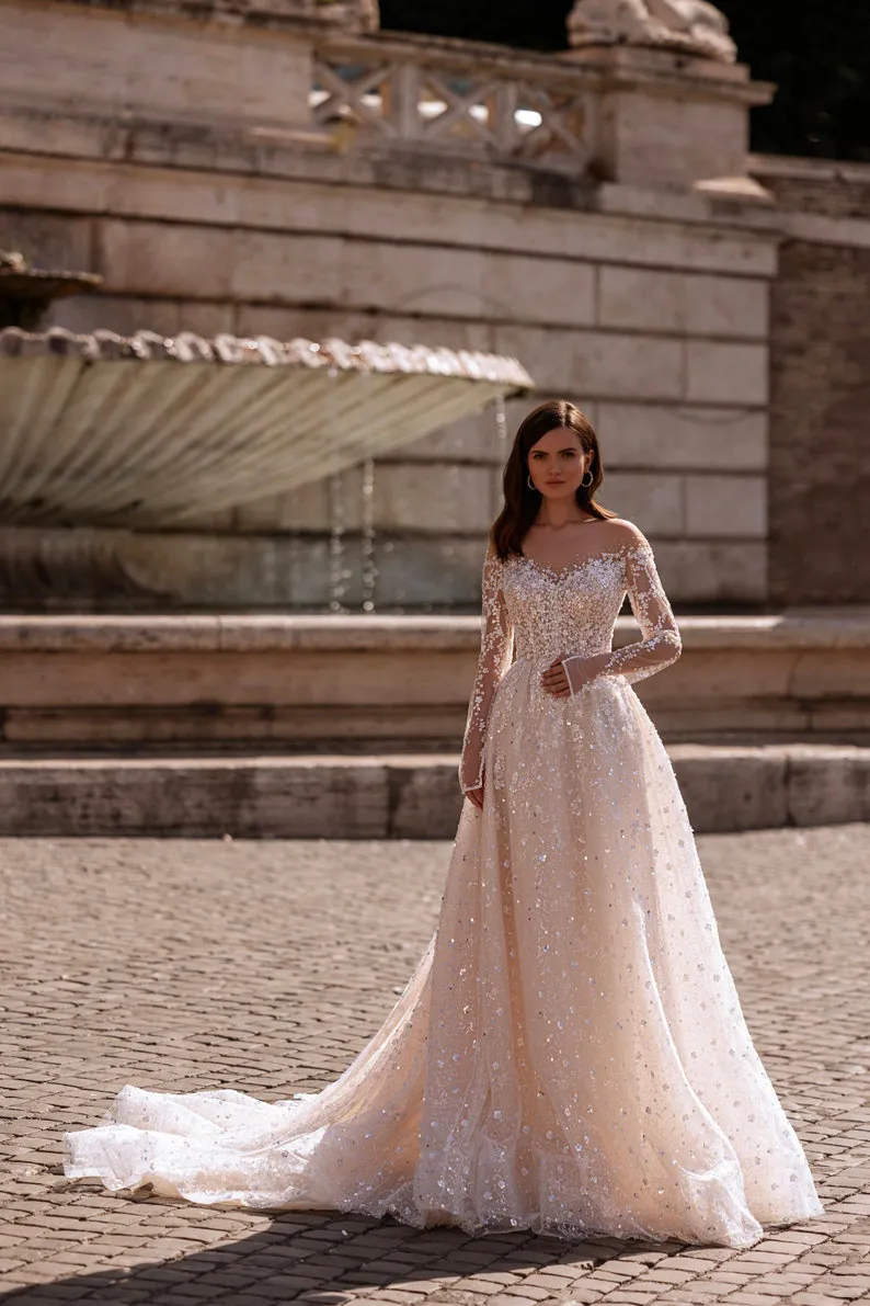 sparkling floral sequin off shoulder sleeved wedding gown