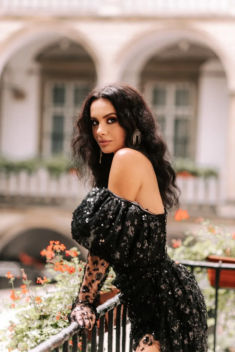 sparkly off shoulder black sequin puff sleeve bridal gown sparkly off shoulder black sequin puff sleeve bridal gown