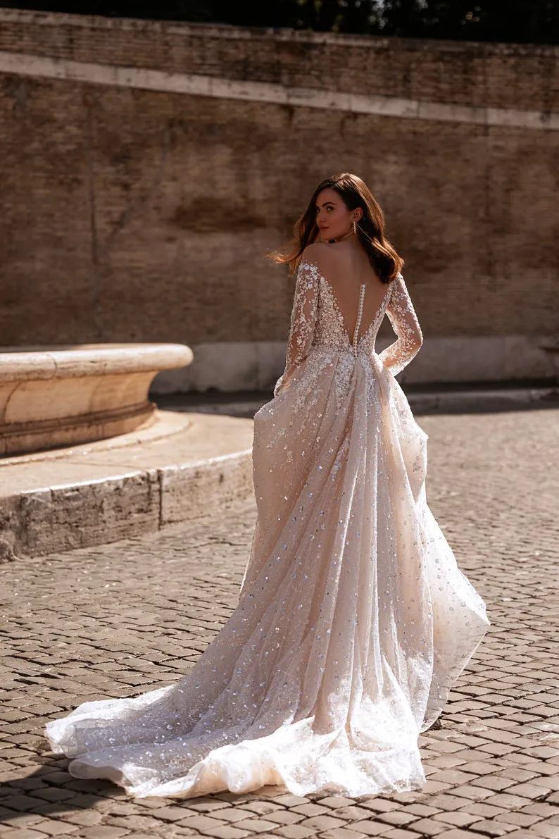 sparky floral sequin illusion back chapel train bridal gown